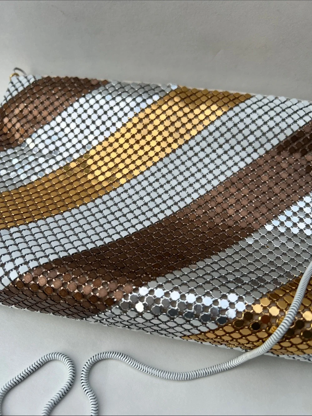 Vintage Warren Reed evening bag with diagonal stripe pattern metallic mesh